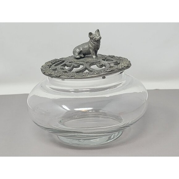 Vintage Clear Glass Jar With Pewter Corgi Lid‎ Potpourri Bowl - Picture 1 of 13